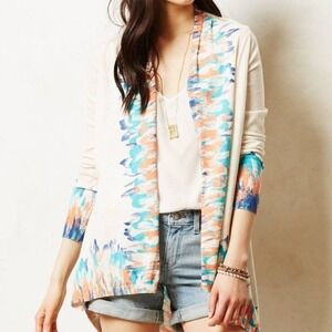 Guinevere Anthropologie Cotton Ikat Handkerchief Hem Cardigan XSP Cream Blue